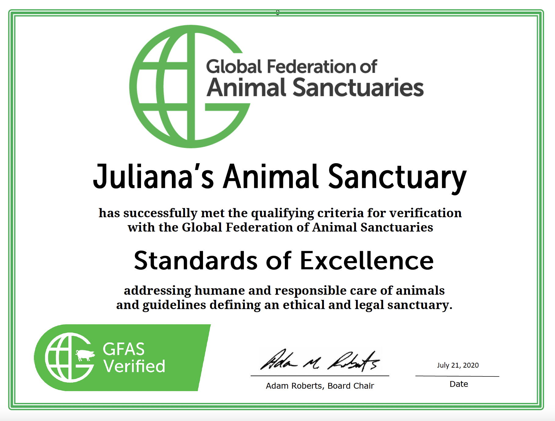 Global Federation of Animal Sancturies Certificate